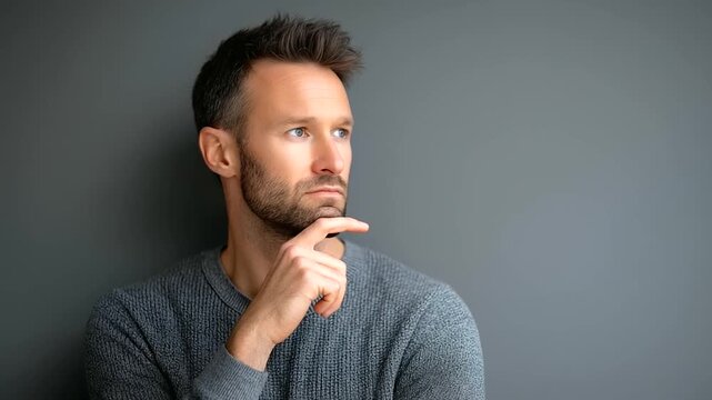 A man thinks on a gray background, the thoughtful scene illuminated by gentle light. Man, background, with copy space