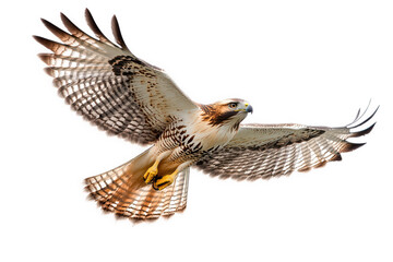 A majestic redtailed hawk soars gracefully, its wings spread wide against an isolated on transparent background, showcasing its impressive size and powerful flight