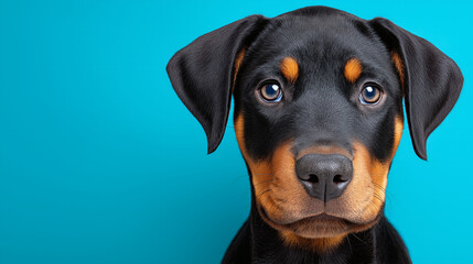 Closeup of young rottweiler puppy with curious expression on bright blue background