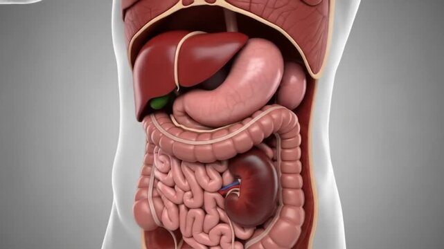 Detailed 3D rendering of human internal organs within the torso, highlighting the digestive and excretory systems.