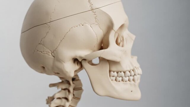 Anatomical model of a human skull in profile view showing the cranium, jaw, and cervical spine against a plain background.