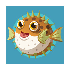 Fototapeta premium Happy Cartoon Pufferfish with Spikes and Big Eyes cute