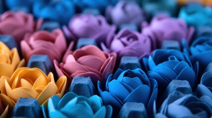 Fototapeta premium Vibrant arrangement of colorful paper roses in an egg carton, showcasing creativity and artistry in a bright setting