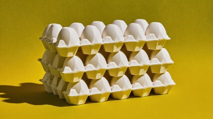 A stack of fresh eggs in a carton against a vibrant yellow background, showcasing their natural appeal