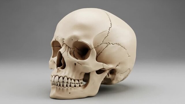 Realistic human skull model with detailed bone structure, showcasing the cranium and teeth, set against a neutral background.