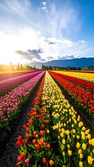 Colorful rows of tulips in a field at sunset