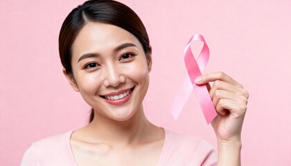 Smiling Asian woman smiling and showing pink ribbon for breast cancer awareness on pink background. Breast cancer awareness concept