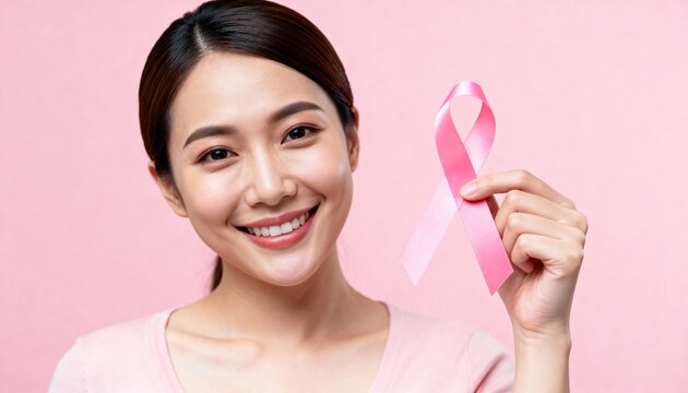 Smiling Asian woman smiling and showing pink ribbon for breast cancer awareness on pink background. Breast cancer awareness concept