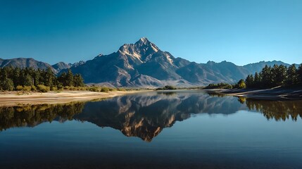 Naklejka premium Majestic mountain covered in snow illuminated by golden sunset light, reflected beautifully in the calm lake water below.