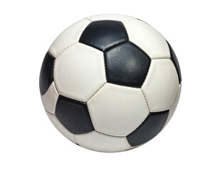 Close-up of a soccer ball.  Black and white panels.  Round, symmetrical shape.  Leather or synthetic material.  Isolated on black background.  High-angle view.  Sport equipment
