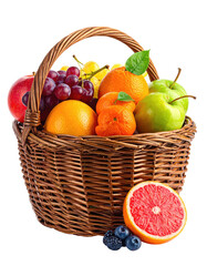 A wicker basket overflowing with various colorful fruits.  