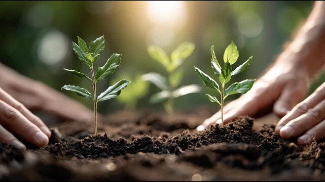 Hands planting young trees in soil nature macro shot outdoor environment close-up view sustainability concept