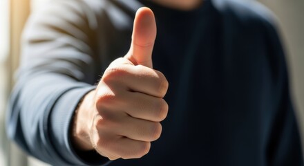 Person giving a thumbs up gesture of approval and success in a close-up shot