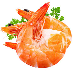 Fresh shrimp, two whole prawns, orange-red, on bed of parsley
