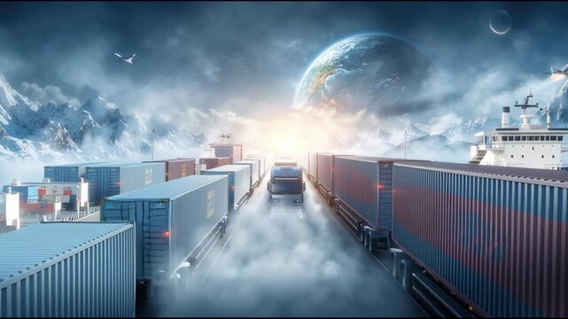 Dynamic cargo transport illustration showcasing air sea and land modes in a futuristic landscape environment