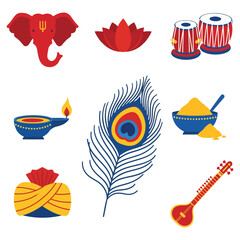 A collection of vibrant Indian cultural and religious symbols, including Ganesha, a lotus, tabla, a diya, a peacock feather, and a sitar.