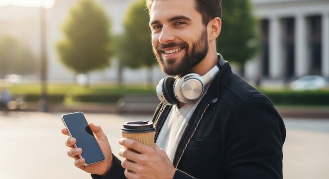 Smiling man holding coffee cup and smartphone outdoors with headphones around neck