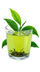 Transparent glass tumbler filled with bright green tea, topped with fresh tea leaves