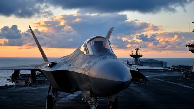 Close Up of F-35 Fighter Jet on Aircraft Carrier During Sunset, Ready to Take Off