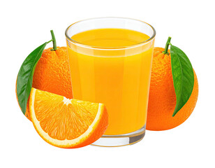 Fresh orange juice in a glass, beside two whole oranges and a slice