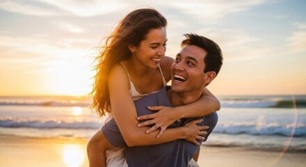 Joyful couple embraces on a sunlit beach at sunset romantic golden hour moment