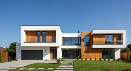Modern minimalist house with wooden accents, featuring a garage, driveway, and green lawn under a clear blue sky