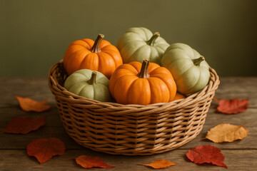 Wicker basket filled with orange and white pumpkins on rustic wooden table with scattered autumn leaves, seasonal harvest display
