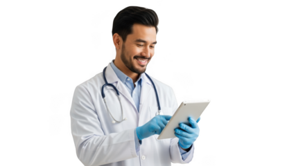 Smiling doctor wearing stethoscope and blue gloves uses tablet for healthcare services