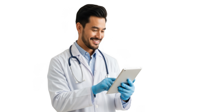 Smiling doctor wearing stethoscope and blue gloves uses tablet for healthcare services