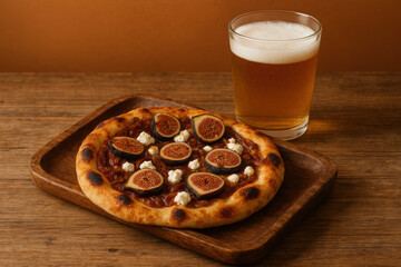 Freshly baked fig and cheese pizza served on wooden tray with glass of cold beer on rustic table background