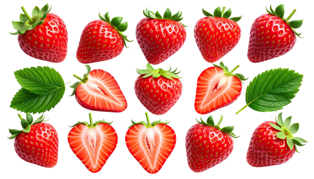 Fresh strawberries, whole and halved, with leaves, arranged in a grid pattern