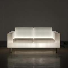 A sofa made entirely of light, glowing with an internal energy, hovering slightly above the floor