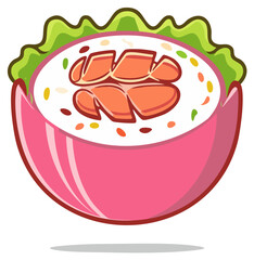 Fototapeta premium Cute cartoon shrimp salad roll with lettuce in a pink wrapper vector illustration