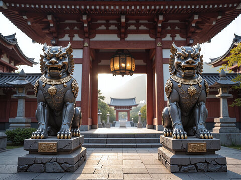 Front shot of stone Komainu guardians at shrine entrance,Komainu statues guard the shrine with sacred presence.