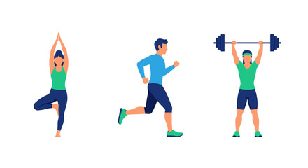 People doing sport. Workout characters, active male female sport exercise. Flat friends training, gym yoga jogging decent vector set