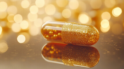 Discover the power of gold with this shimmering capsule, a luxurious way to visualize wellness, health, and advanced medicine concepts today