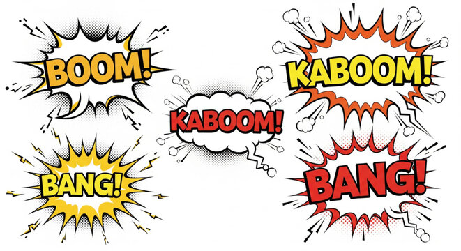 Comic book explosions with dynamic text, representing loud sounds and impactful events.