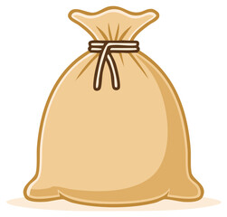 Stylized tan sack of grain or treasure with simple string tie illustration icon