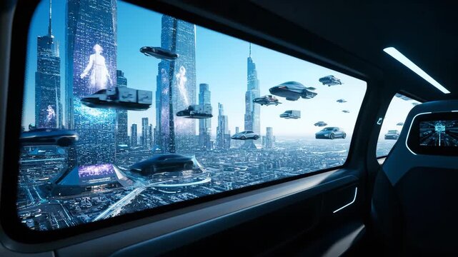 Futuristic Cityscape View from Inside a Flying Vehicle Modern Urban Life Transportation