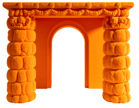 Vivid orange, textured, ornate architectural structure with an arched opening