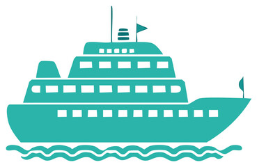 Obraz premium Stylized cruise ship icon graphic illustration featuring calm ocean waves and bright sea tones ideal for travel and vacation themes.