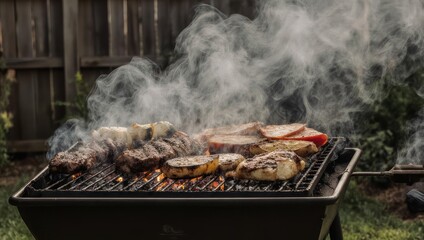 Smoky BBQ Grill with Meats and Vegetables in Backyard.