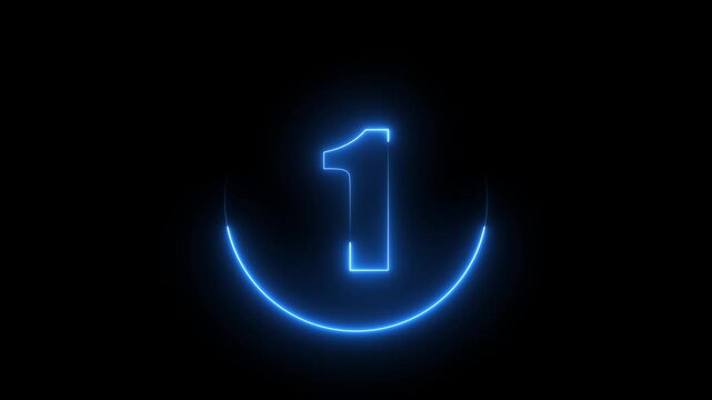 Glowing neon number 1 text animation with neon circle on black background. text number countdown animation.