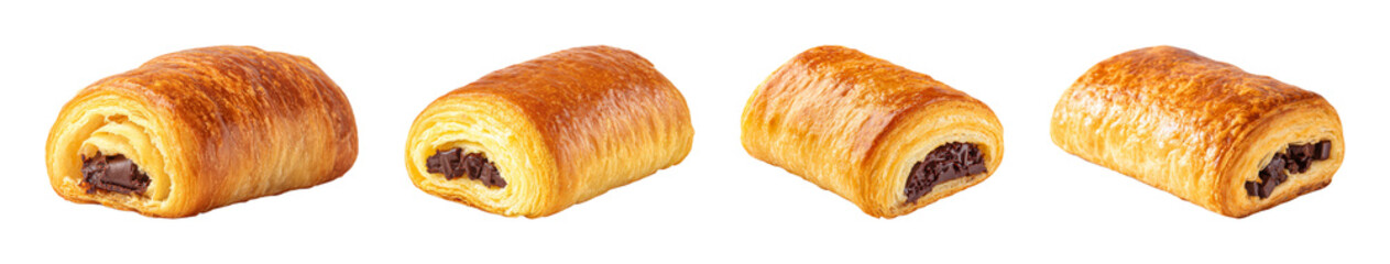 Delicious Chocolate Croissant Pain au Chocolat pastry from Paris, isolated on black background, PNG set Transparent backround