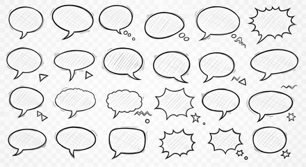 Hand-drawn speech bubbles in various shapes and styles, ready for text.