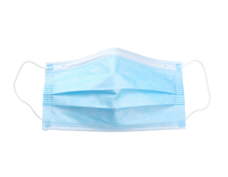 A light blue, pleated surgical mask with ear loops, on a stark black background
