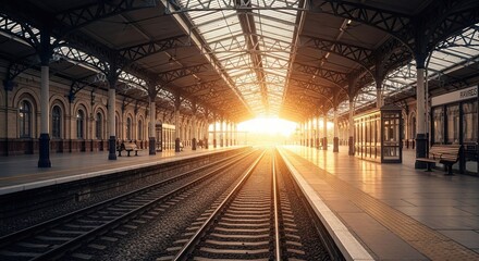 Sunrise Over Empty Train Station Platform Tracks