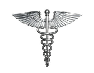 Fototapeta premium Silver-toned emblem winged staff entwined by serpents, representing medicine
