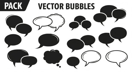 Collection of diverse black and white speech bubbles, representing communication and thoughts.