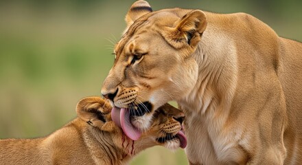 Obraz premium A lioness gently licks a cub's face in a tender